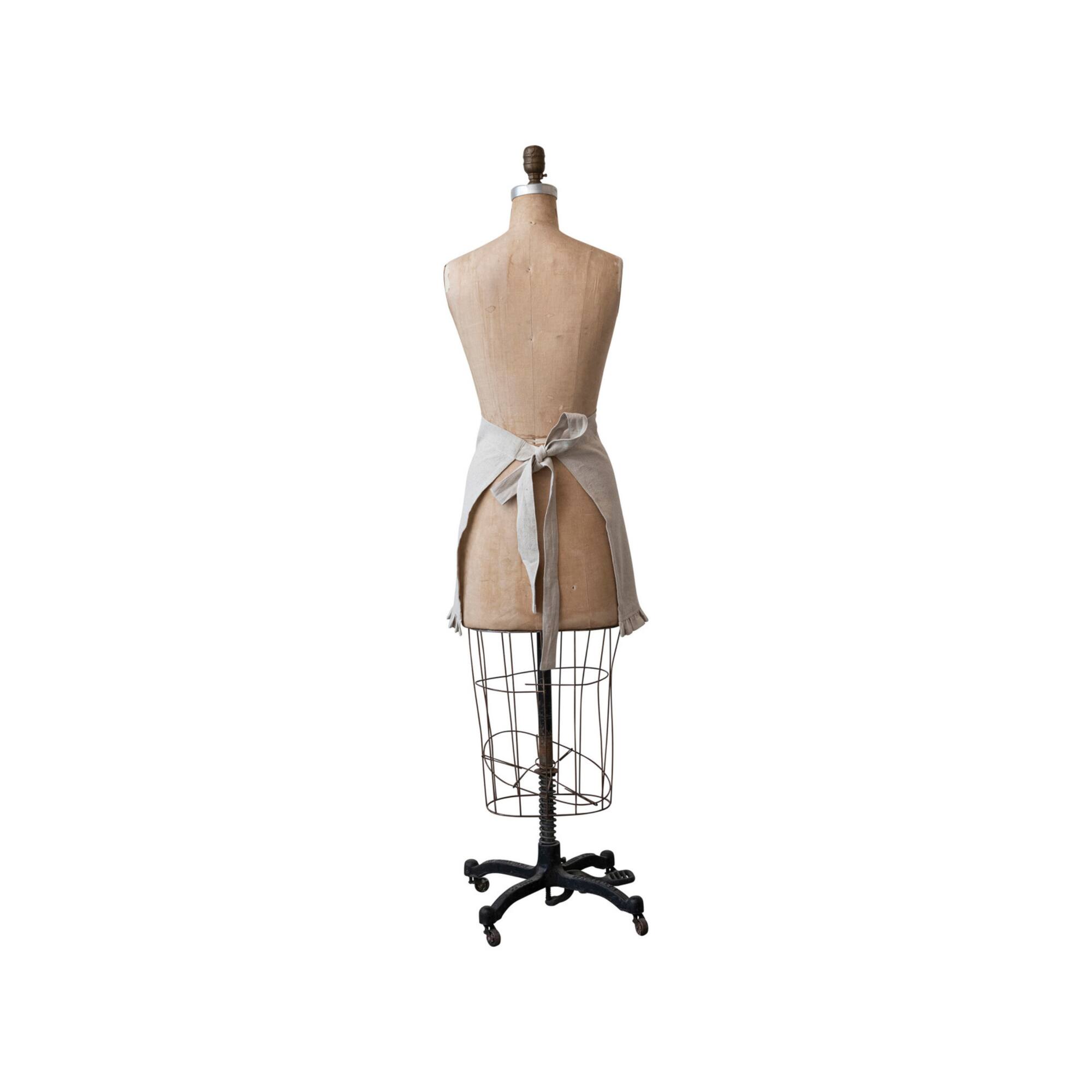 Hello Honey® Natural, Green & Red Woven Cotton & Linen Half Apron with Hand-Embroidered Holly, French Knots, Pocket & Ruffle
